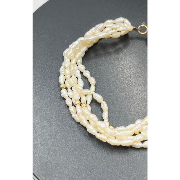 14k Yellow Gold Clasp Beaded Six Strand Freshwater Rice Pearls Women's Bracelet - Picture 3 of 9
